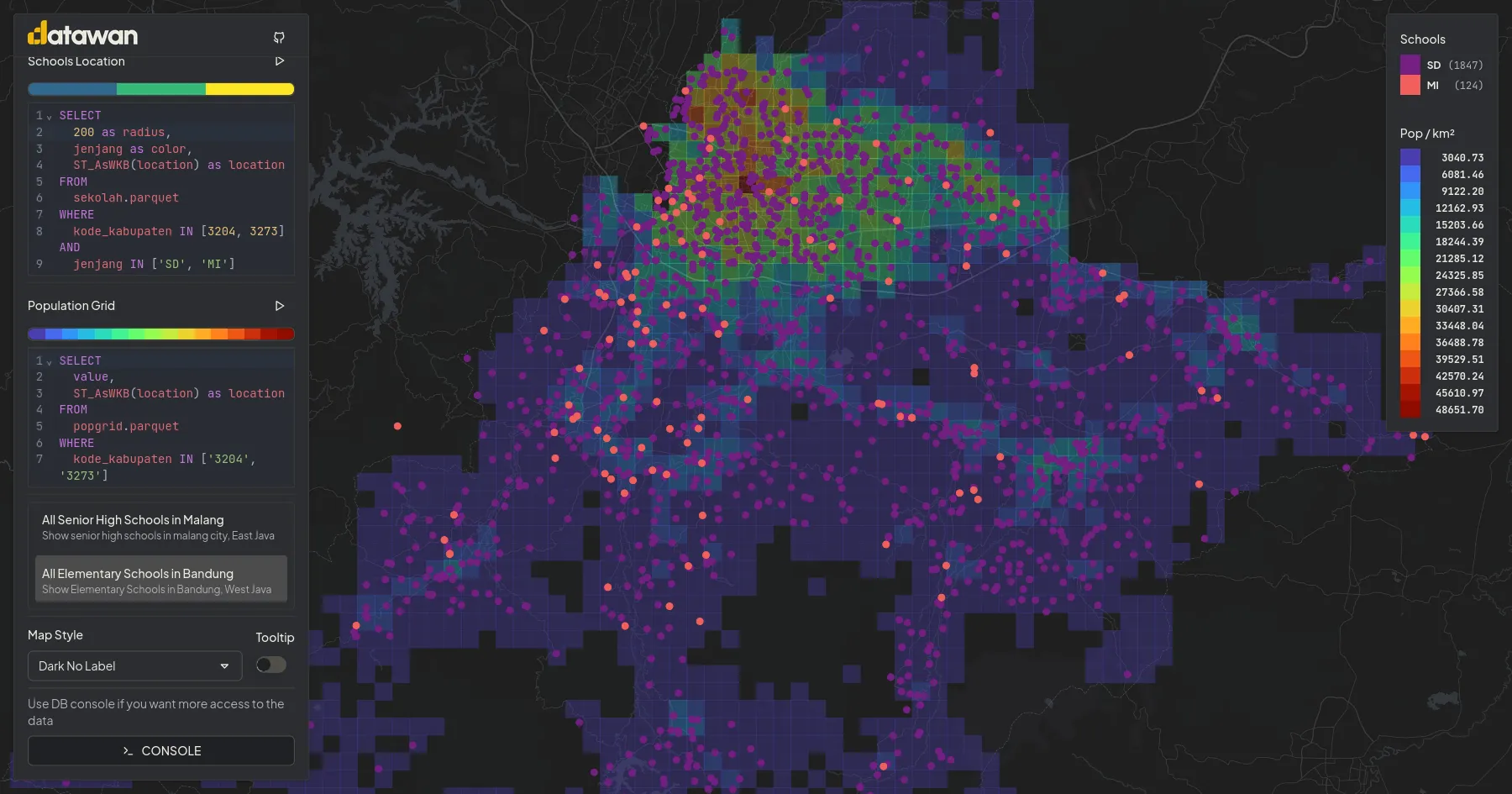 Visualizing School Distribution and Population Density in Indonesia